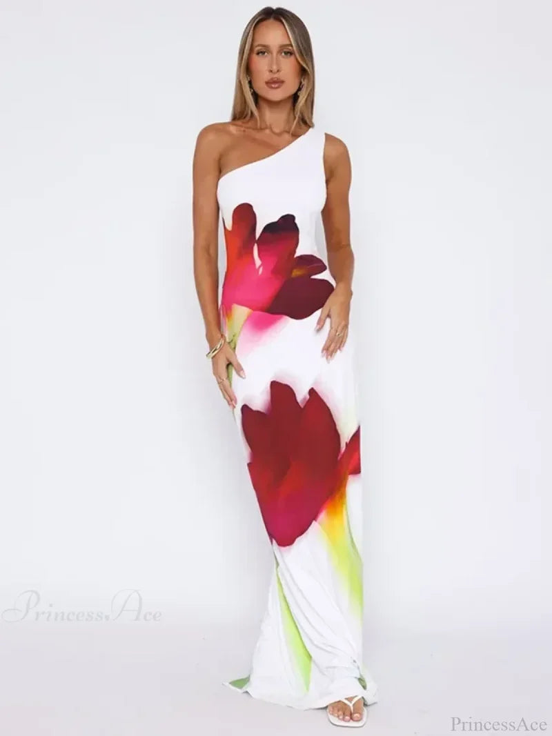 Elegant One Shoulder Backless Maxi Floral Dress floraldress-250126