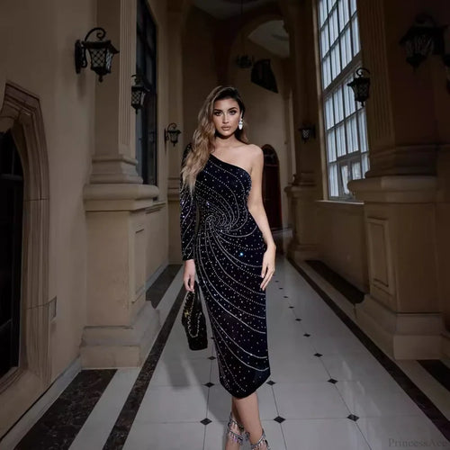 Elegant One-Shoulder Rhinestone Slimming Dress Prom Dress promdress-250223