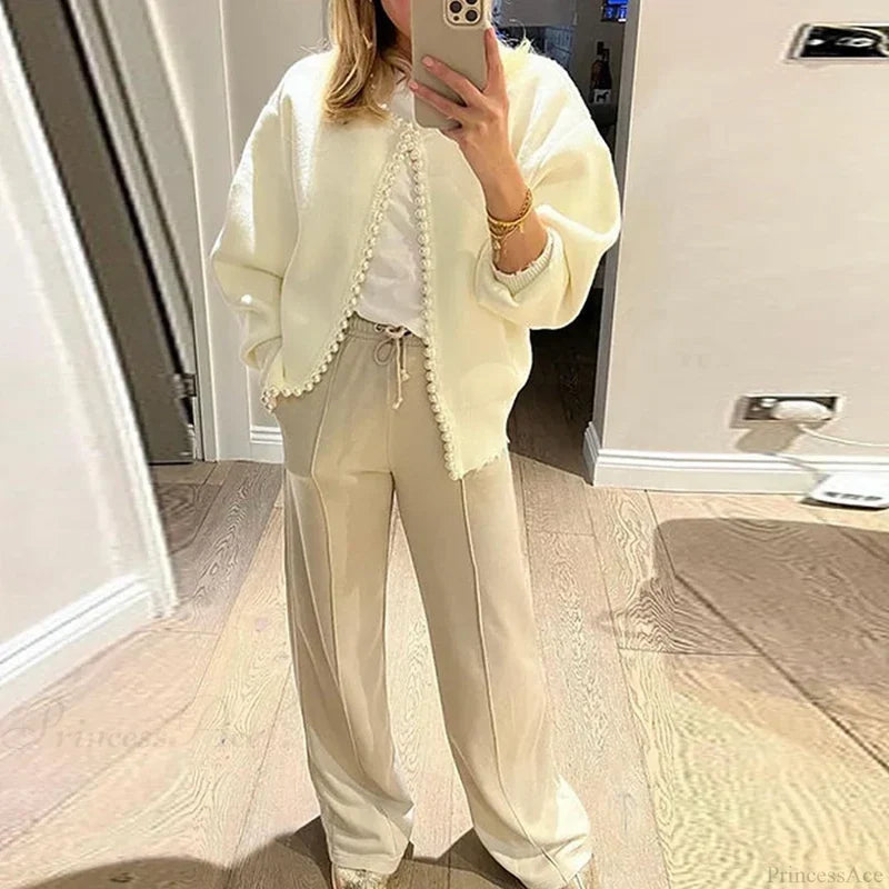 Elegant Pearls Long Sleeve Knit White Cardigan cardiagn-250126