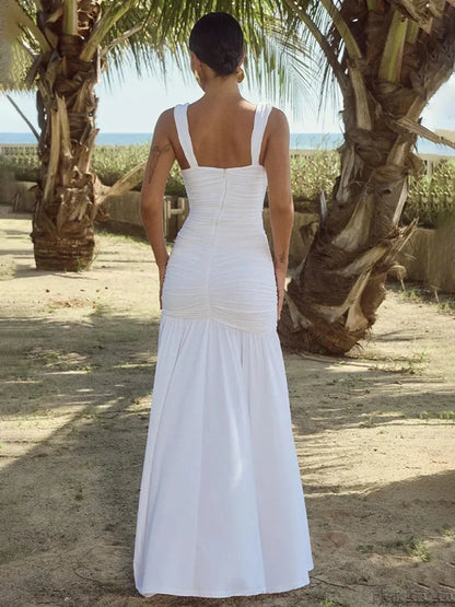 Elegant Pleated A-line Maxi Vacation Dress vacationdress-250223