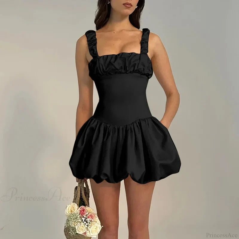 Elegant Pleated Fluffy Vacation Dress Black / S vacationdress-250223