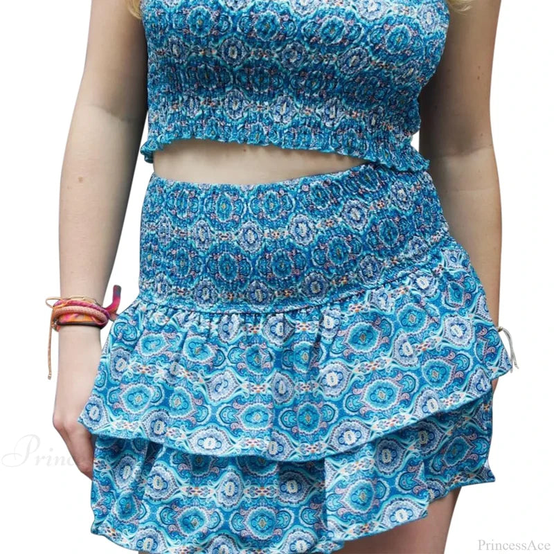 Elegant Printed Pleated Skirt Lake Blue / S skirts-250223