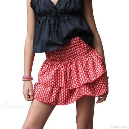 Elegant Printed Pleated Skirt Red / S skirts-250223
