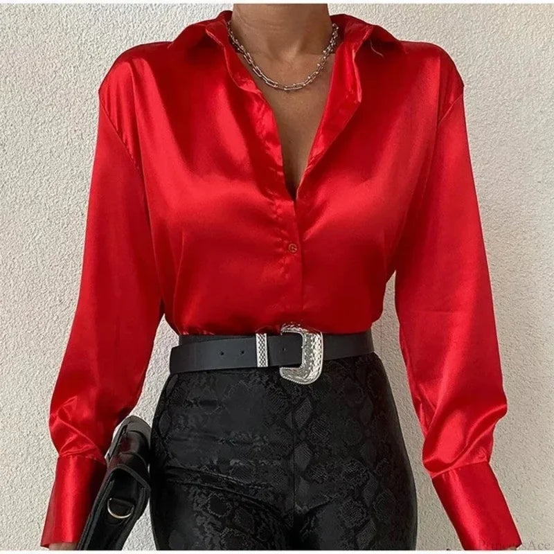 Elegant Satin Blue Long Sleeve Vintage Blouse blouse-250126