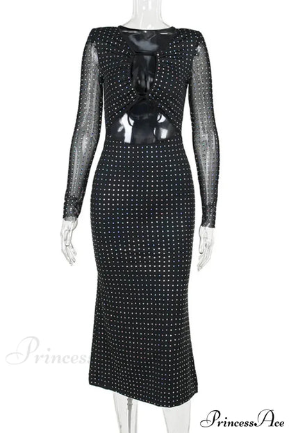 Elegant Sequin Sparkle Hollow Out Sexy Boho Dress Black / S