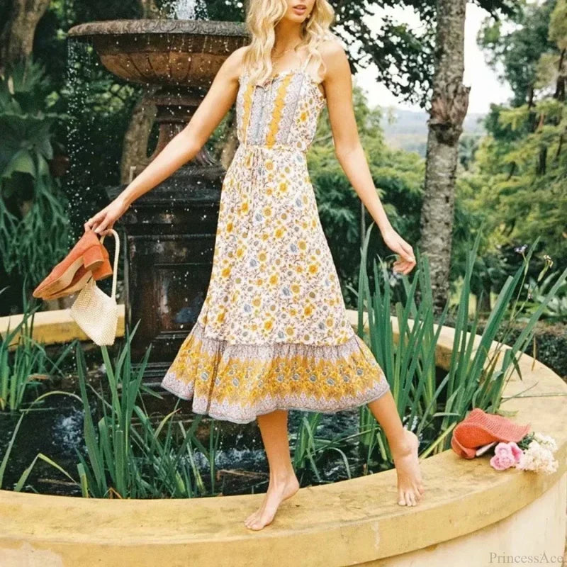 Elegant Sleeveless Floral Rayon Cotton Midi Boho Dress YELLOW / S bohodress-250126