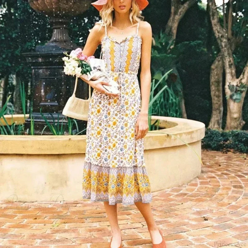 Elegant Sleeveless Floral Rayon Cotton Midi Boho Dress bohodress-250126