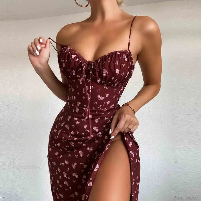 Elegant Spaghetti Strap V-Neck Flower Print Dress Red / S floraldress-250126