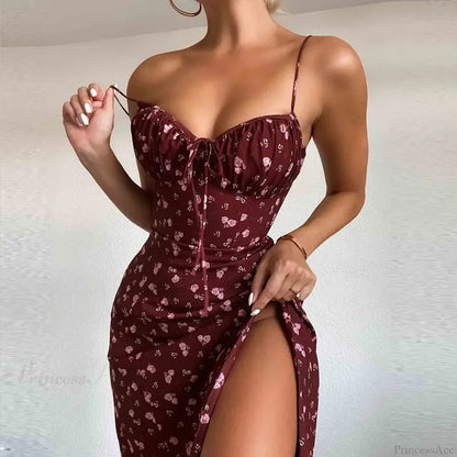 Elegant Spaghetti Strap V-Neck Flower Print Dress Red / S floraldress-250126