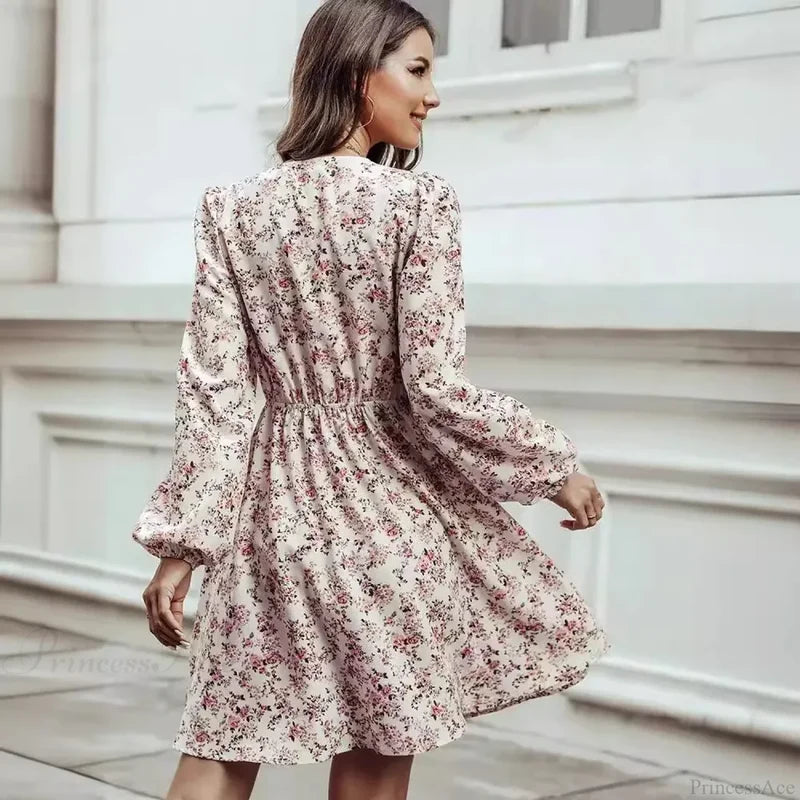 Elegant V-Neck Floral Mini Chiffon Dress floraldress-250126