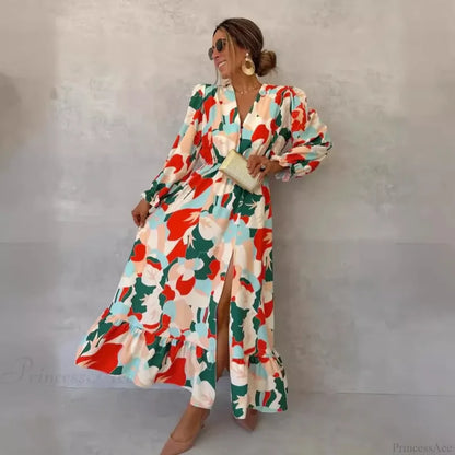 Elegant V-neck Printed Floral Dress oldfloraldress-250126