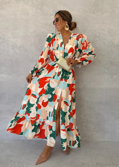 Elegant V-neck Printed Floral Dress Image color / S oldfloraldress-250126