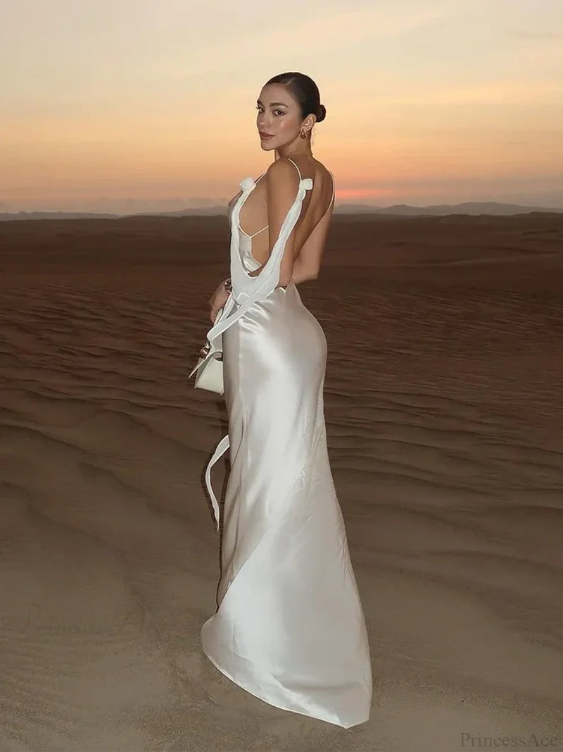 Elegant White Satin Maxi Vacation Dress White / S vacationdress-250223
