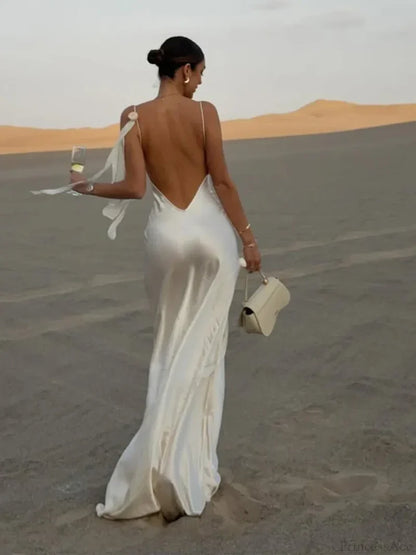 Elegant White Satin Maxi Vacation Dress vacationdress-250223