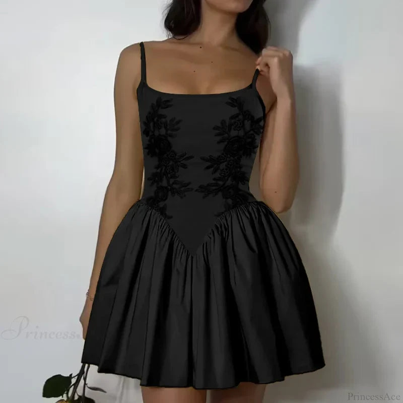 Embroidered Flower High Waist Puffy Floral Dress Black / S floraldress-250126