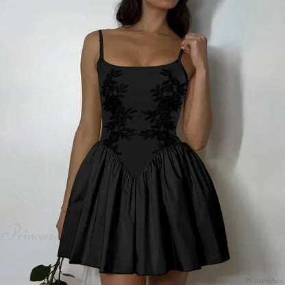 Embroidered Flower High Waist Puffy Floral Dress Black / S floraldress-250126