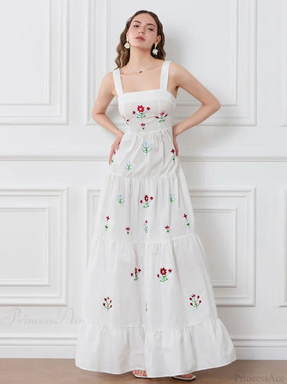 Embroidered Flower Ruched Tiered Slip Floral Dress floraldress-250126