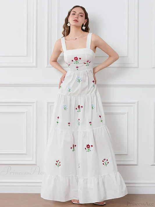 Embroidered Flower Ruched Tiered Slip Floral Dress floraldress-250126