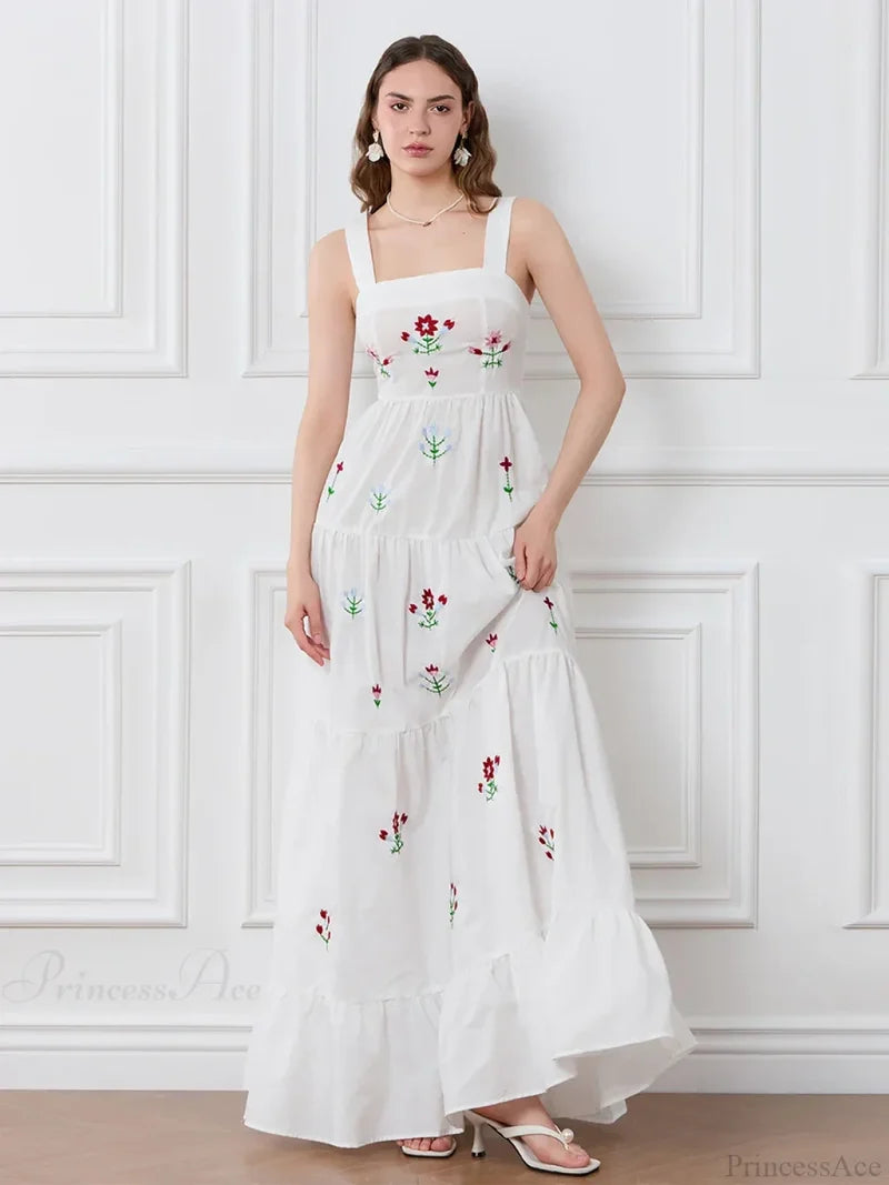Embroidered Flower Ruched Tiered Slip Floral Dress floraldress-250126