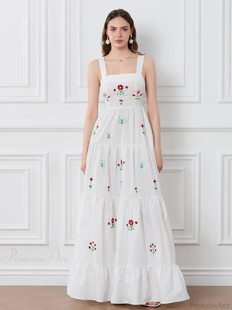 Embroidered Flower Ruched Tiered Slip Floral Dress WHITE / S floraldress-250126