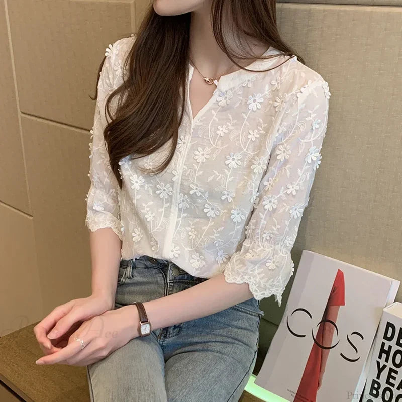 Embroidered Lace Summer Cotton White Blouse blouse-250126