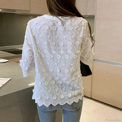 Embroidered Lace Summer Cotton White Blouse blouse-250126
