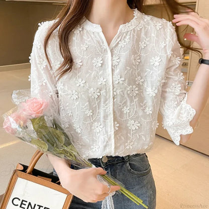 Embroidered Lace Summer Cotton White Blouse WHITE / S blouse-250126