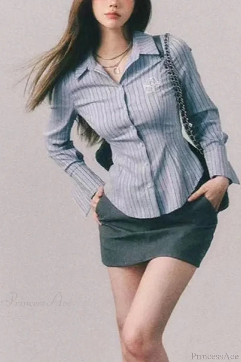 Embroidered Striped Slim Lapel Blouse blouse-250126