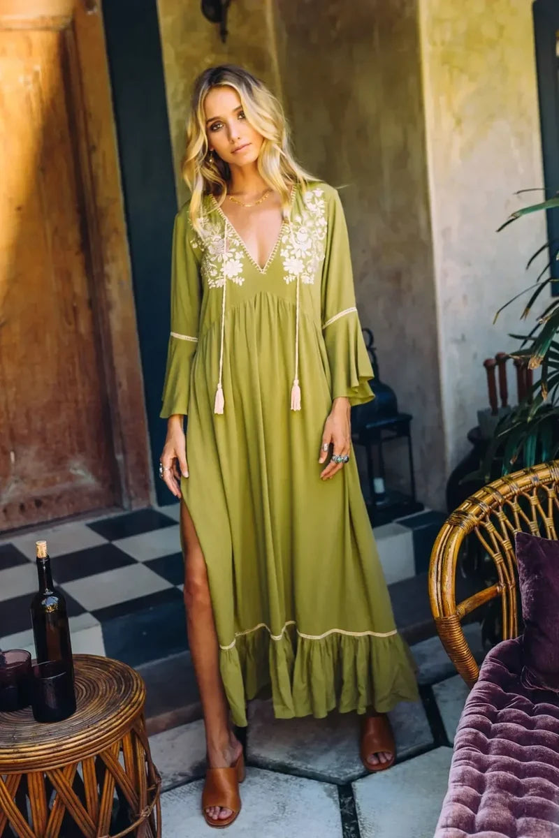 Embroidery Hollow Out Lace Retro White Boho Dress bohodress-250126