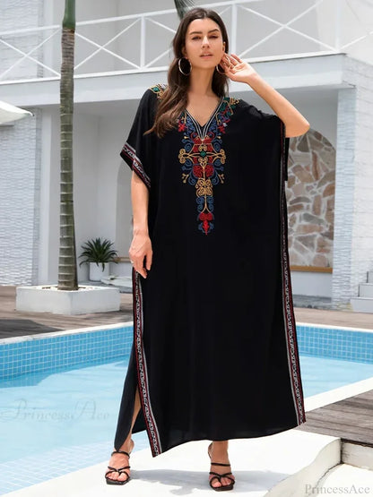 Embroidery Long Dress Beach Cover Up Black / One Size
