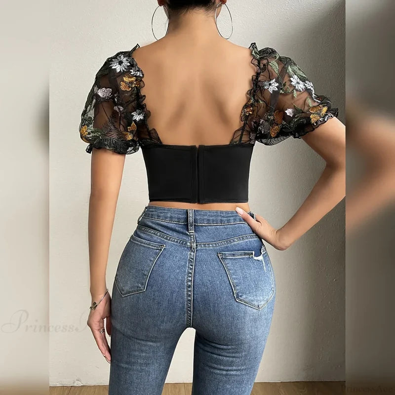 Embroidery Mesh Puff Sleeve Fishbone Corset Top croptop-250126