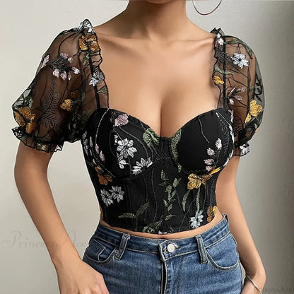Embroidery Mesh Puff Sleeve Fishbone Corset Top Black / XS croptop-250126