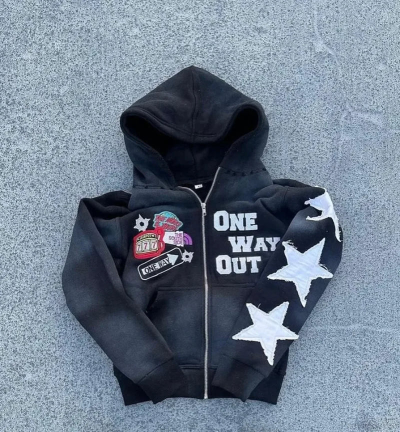 Embroidery Zipper Hoodie Black / S