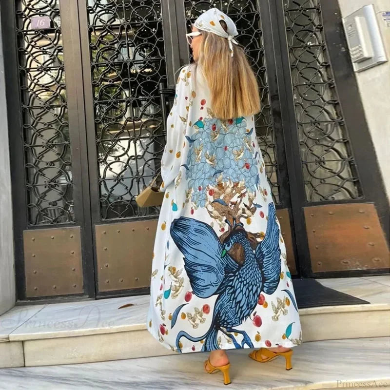 Ethnic Floral Long Sleeve Boho Kaftan Cover up White / One Size bohocoverup-250126