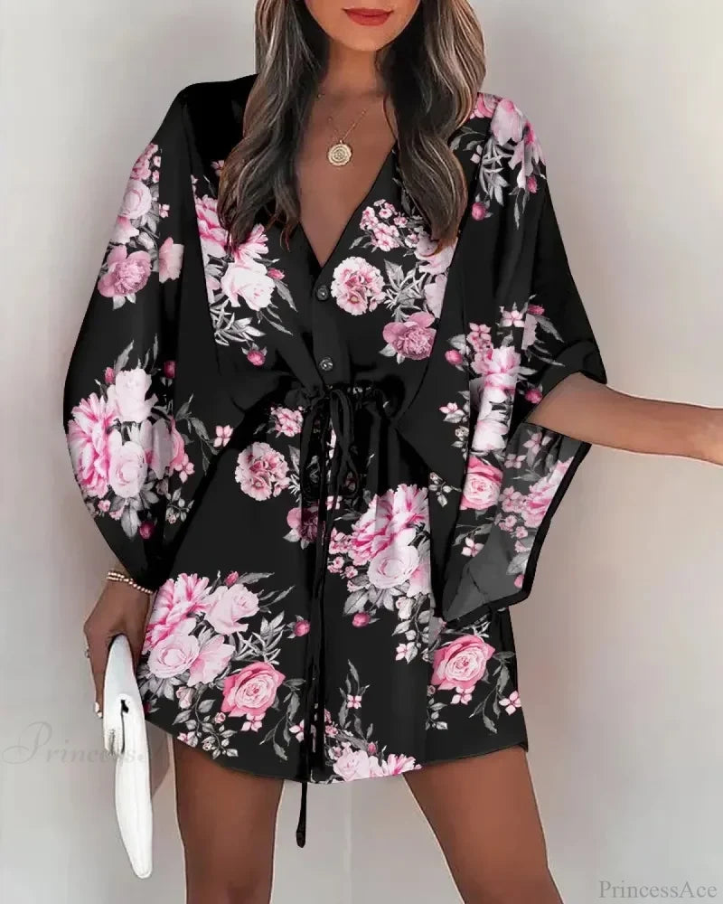 European Fashion Print V-neck Vacation Dress BLACK2 / S bohodress-250126