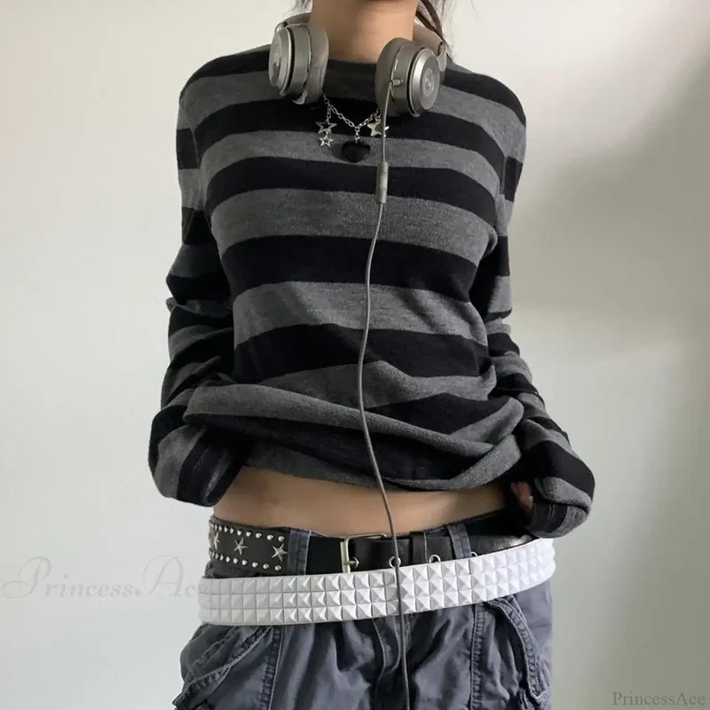 Fairy Grunge Knit Oversized Striped Long Sleeve Crewneck Knit Top knittop-250126