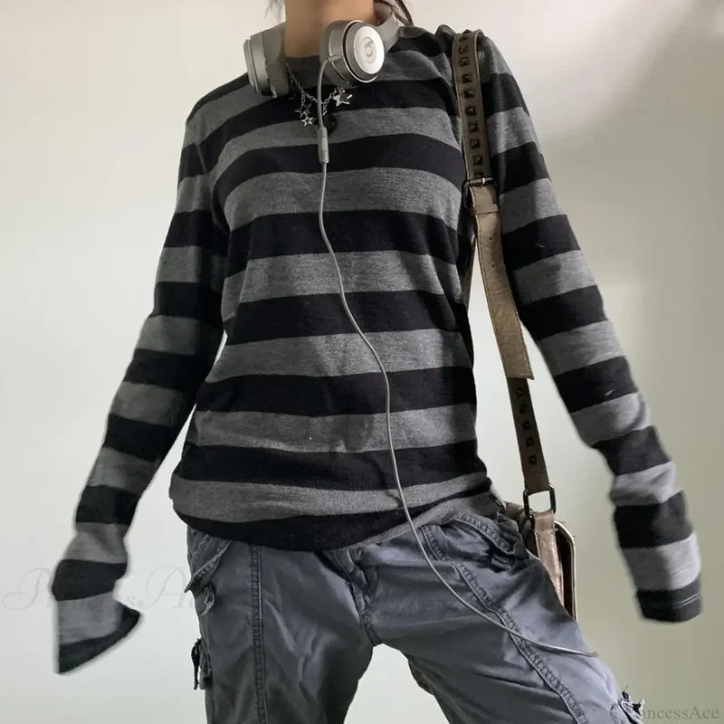Fairy Grunge Knit Oversized Striped Long Sleeve Crewneck Knit Top knittop-250126