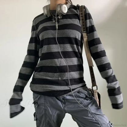 Fairy Grunge Knit Oversized Striped Long Sleeve Crewneck Knit Top knittop-250126