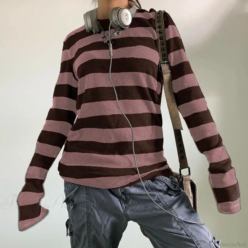 Fairy Grunge Knit Oversized Striped Long Sleeve Crewneck Knit Top knittop-250126