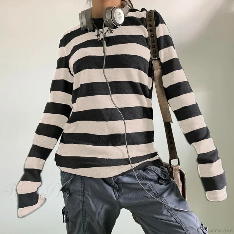 Fairy Grunge Knit Oversized Striped Long Sleeve Crewneck Knit Top knittop-250126
