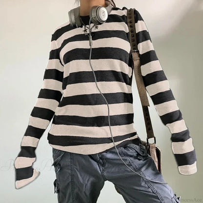 Fairy Grunge Knit Oversized Striped Long Sleeve Crewneck Knit Top knittop-250126