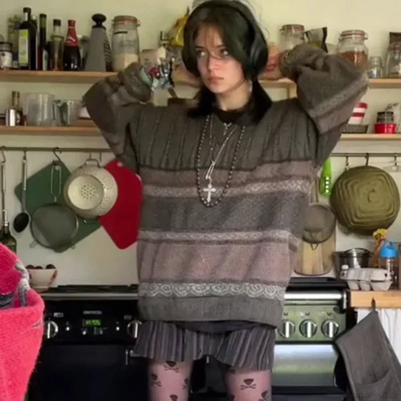 Fairycore Grunge Striped Print Sweater