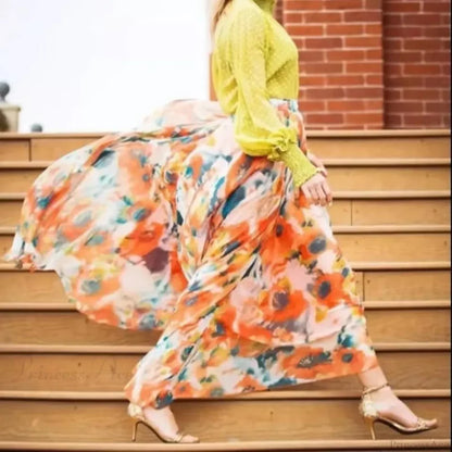 Fashion Boho Chiffon Floral Long High Waist Pleated Skirt A / S skirt-250126