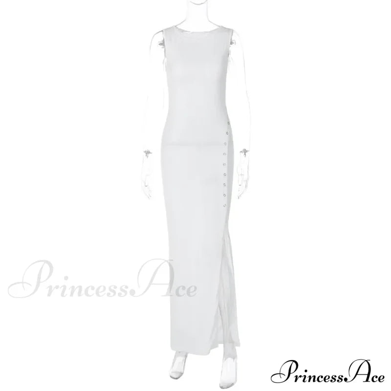 Fashion Button Knitted Sleeveless Slit Summer Elegant Solid Vestido Midi Dress