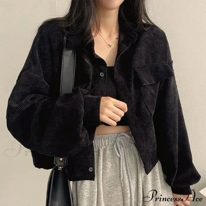 Fashion Casual Comfy Corduroy Jacket Black / S