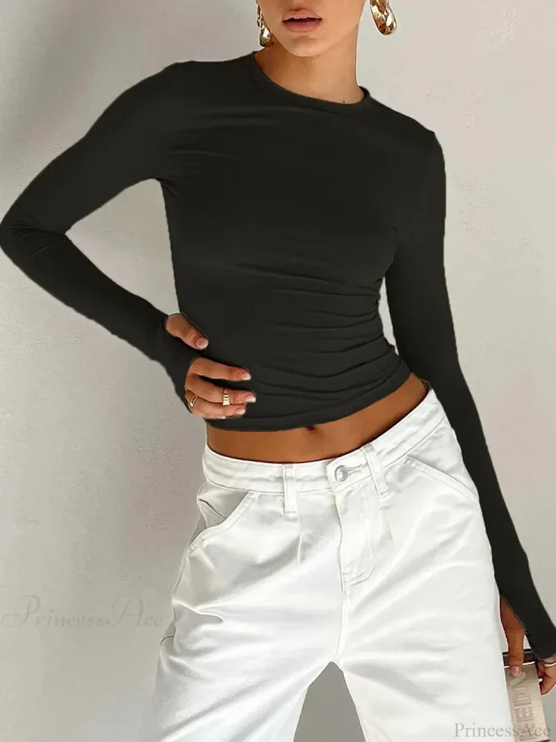 Fashion Crew Neck Slim Fit Long Sleeve Knit Top with Thumb Holes Black / S knittop-250126