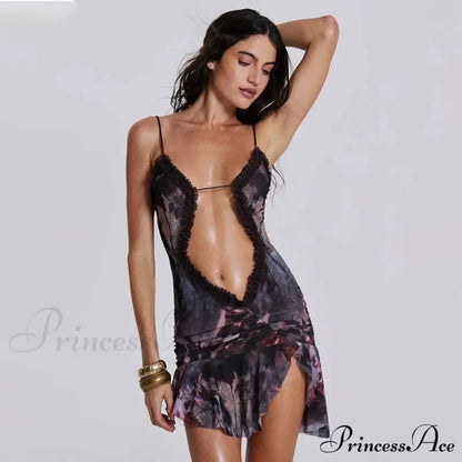 Fashion Ruched Slip Cut Out Backless Mini Dress Purple / S