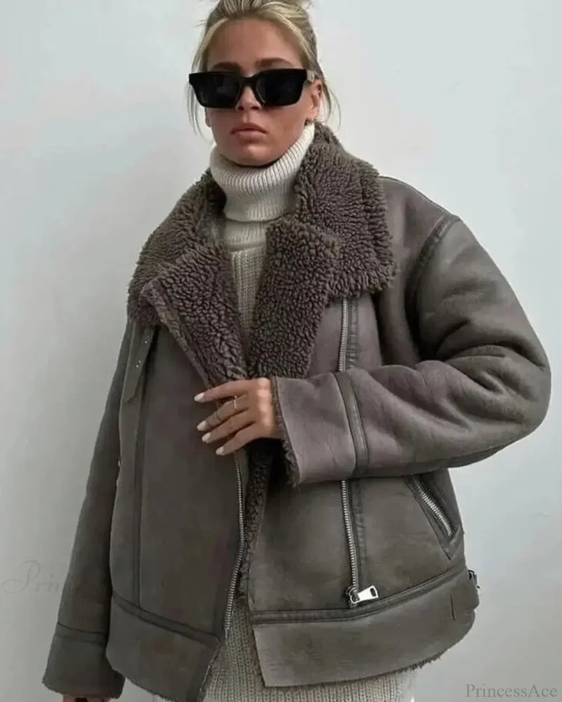 Faux Fur Lapel Long Sleeve Casual Overcoat grey / XS