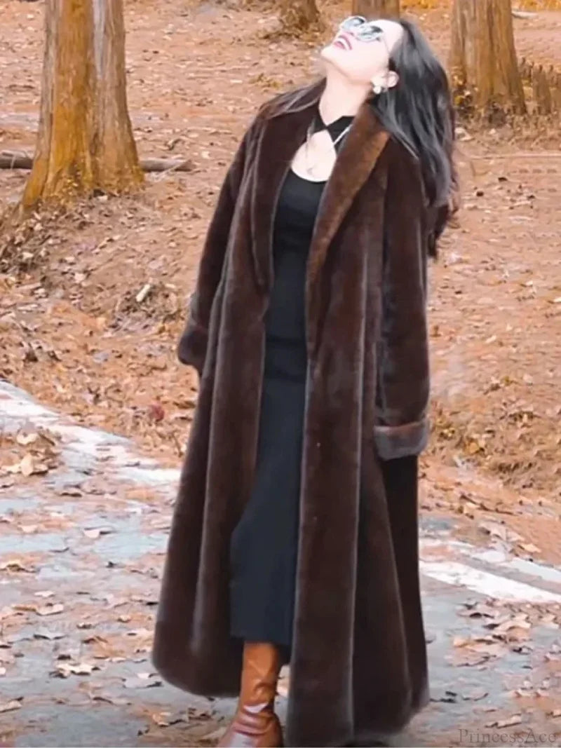 Faux Fur Lapel Plush Imitation Mink Overcoat Dark Brown / S