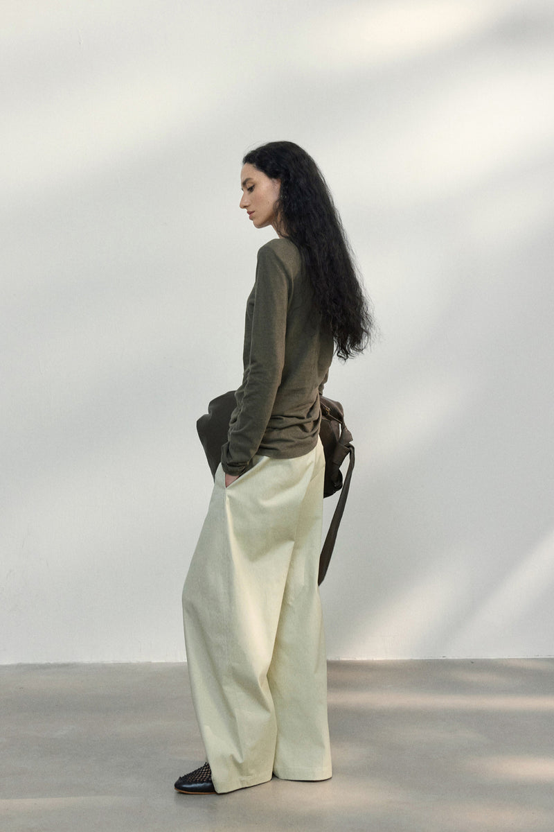 Fitted Textured Pleated Cotton Linen Knit Sweater